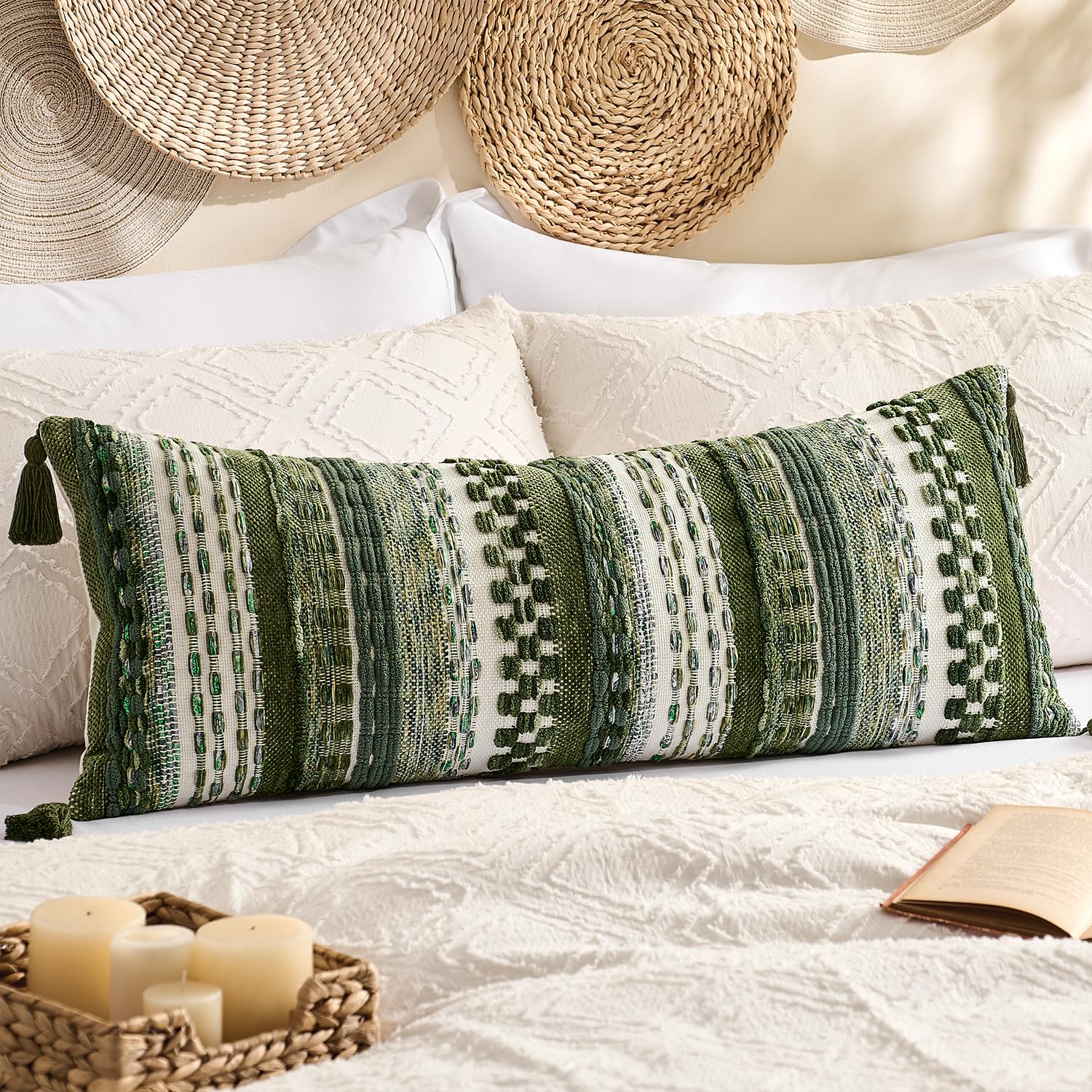 Kevin Textile 20x20 Inch Throw Pillow Cover 1 Pack Boho Decorative Soft Chenille Thread Woven Tufted Textured Square Cushion Case Farmhouse Accent for Living Room Couch Sofa Bed, Green