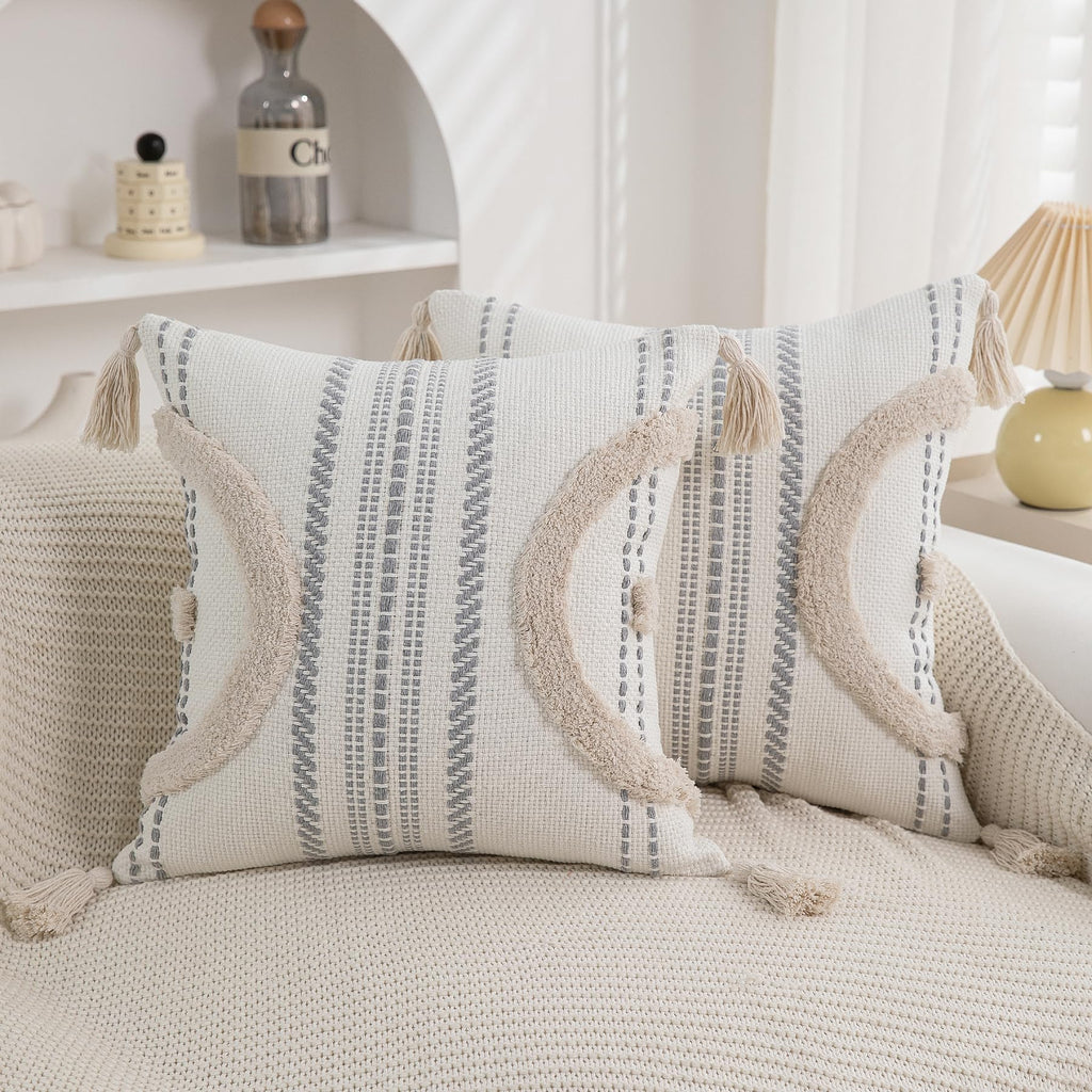 Boho Throw Pillow Covers 18x18 Set of 2 Cotton Woven Tufted Farmhouse Pillows Covers with Tassels Outdoor Neutral Navy Decorative Pillowcases Square Textured Accent Cushion Cases for Couch Bed Sofa