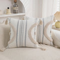 Boho Throw Pillow Covers 18x18 Set of 2 Cotton Woven Tufted Farmhouse Pillows Covers with Tassels Outdoor Neutral Navy Decorative Pillowcases Square Textured Accent Cushion Cases for Couch Bed Sofa