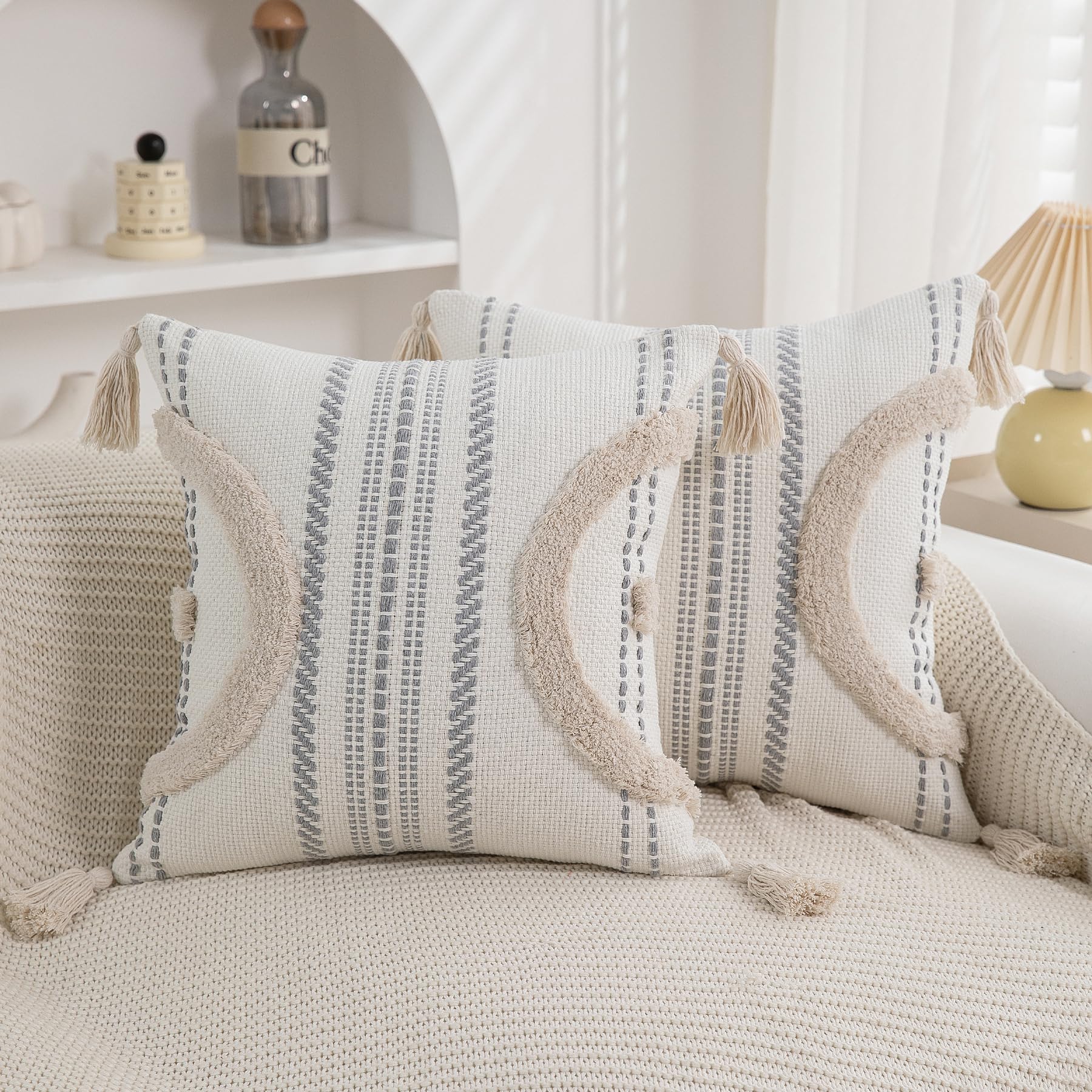 Boho Throw Pillow Covers 18x18 Set of 2 Cotton Woven Tufted Farmhouse Pillows Covers with Tassels Outdoor Neutral Navy Decorative Pillowcases Square Textured Accent Cushion Cases for Couch Bed Sofa