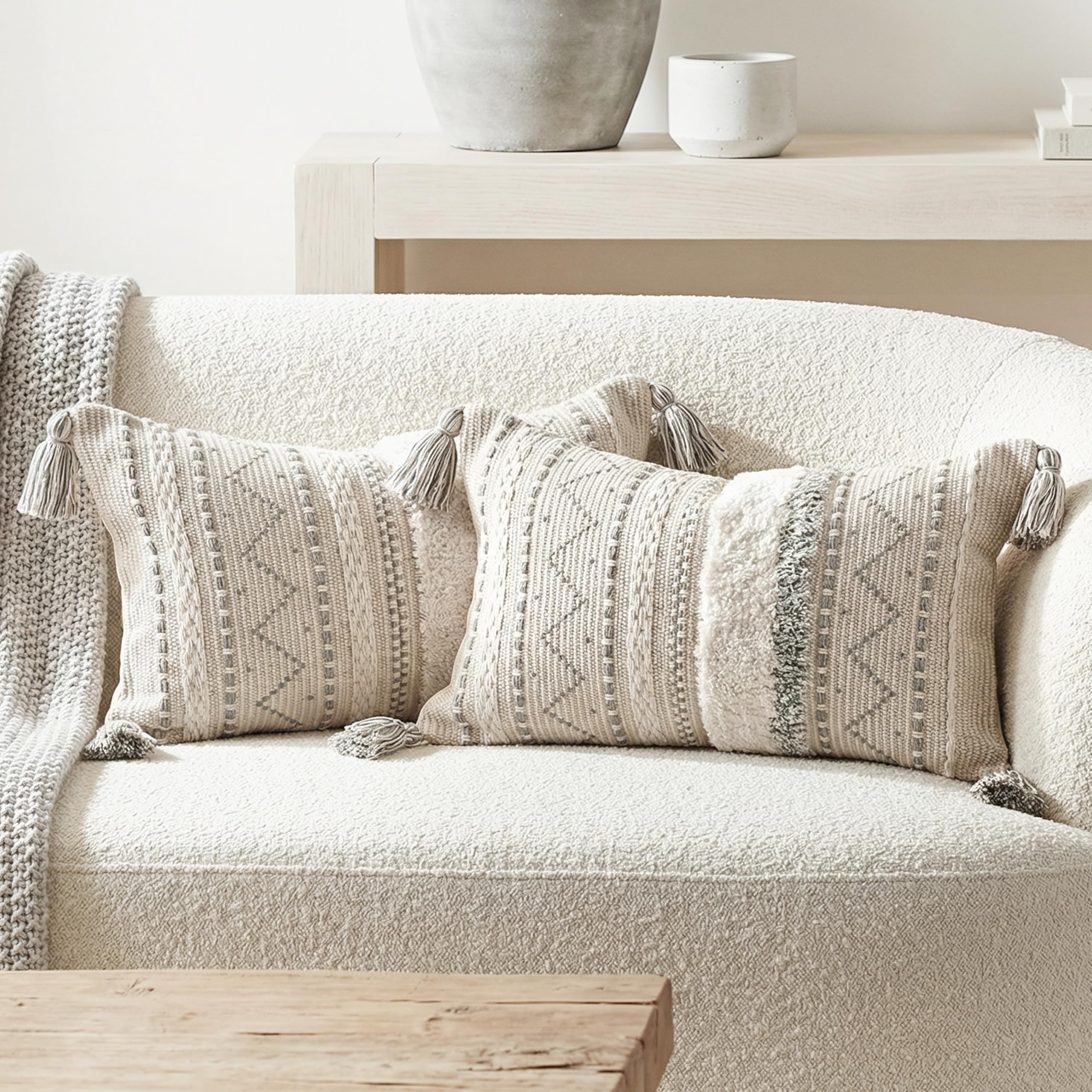 BlissBlush Decorative Throw Pillow Covers 20x20 Combo Set of 2 Square Cream Neutral White Boho Accent Pillowcase Tassels Farmhouse Cushion for Couch Sofa Bedroom Living Room Home Décor Cover ONLY