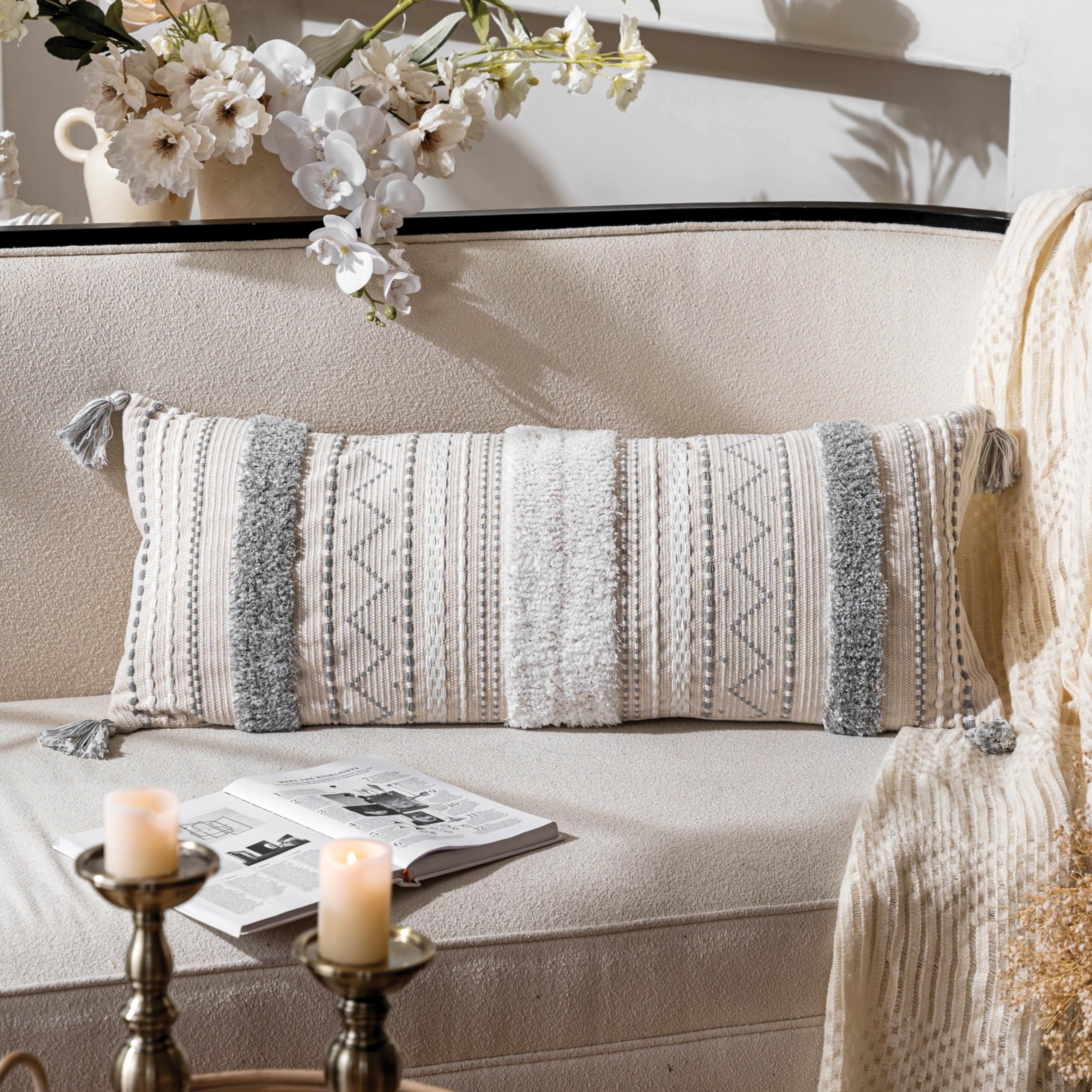 BlissBlush Decorative Throw Pillow Covers 18x18 Combo Set of 2 Square Boho Black Neutral Accent Pillowcase Tassels Farmhouse Cushion for Couch Sofa Bedroom Living Room Home Décor Cover ONLY