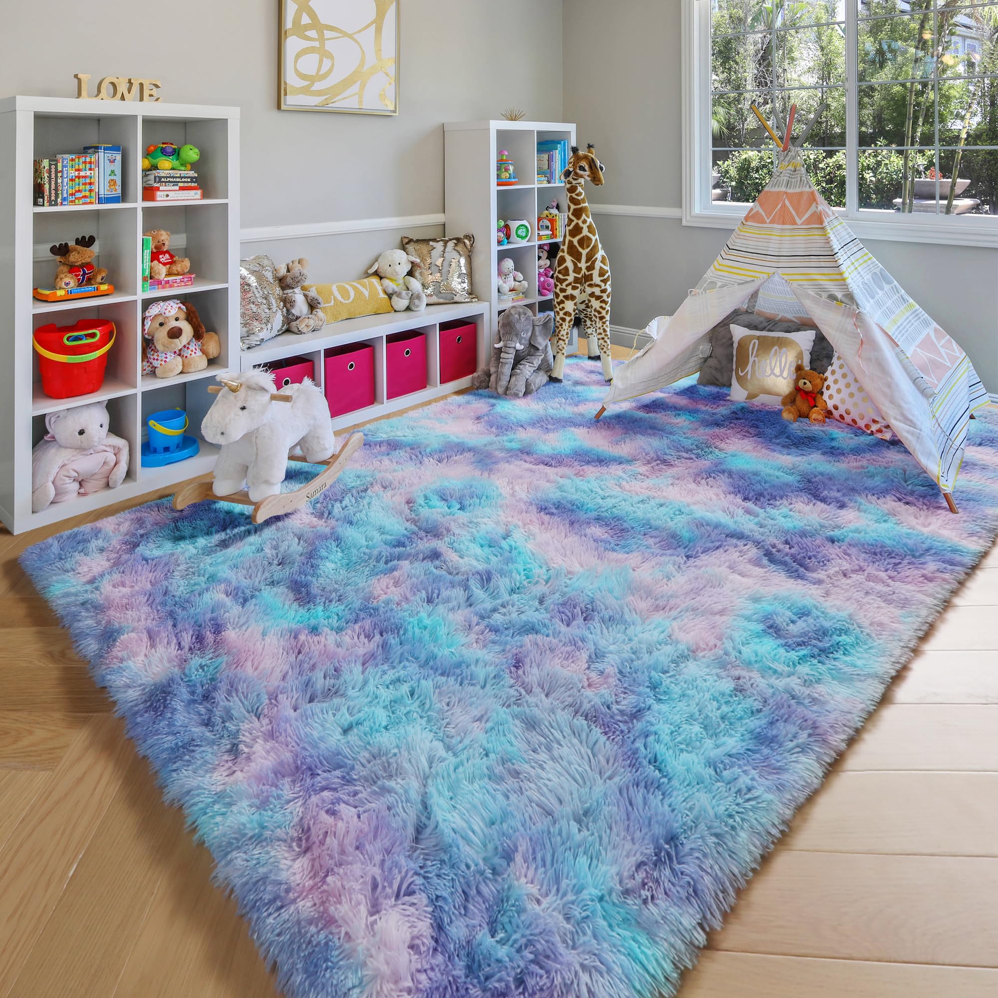 ONASAR Tie-Dyed Dark Grey Round Area Rugs 5ft, Ultra Soft Bedroom Circle Rug for Kids Girls Teen Room, Fluffy Plush Shaggy Carpet Floor Mats for Baby Nursery Living Room Playroom Home Decor