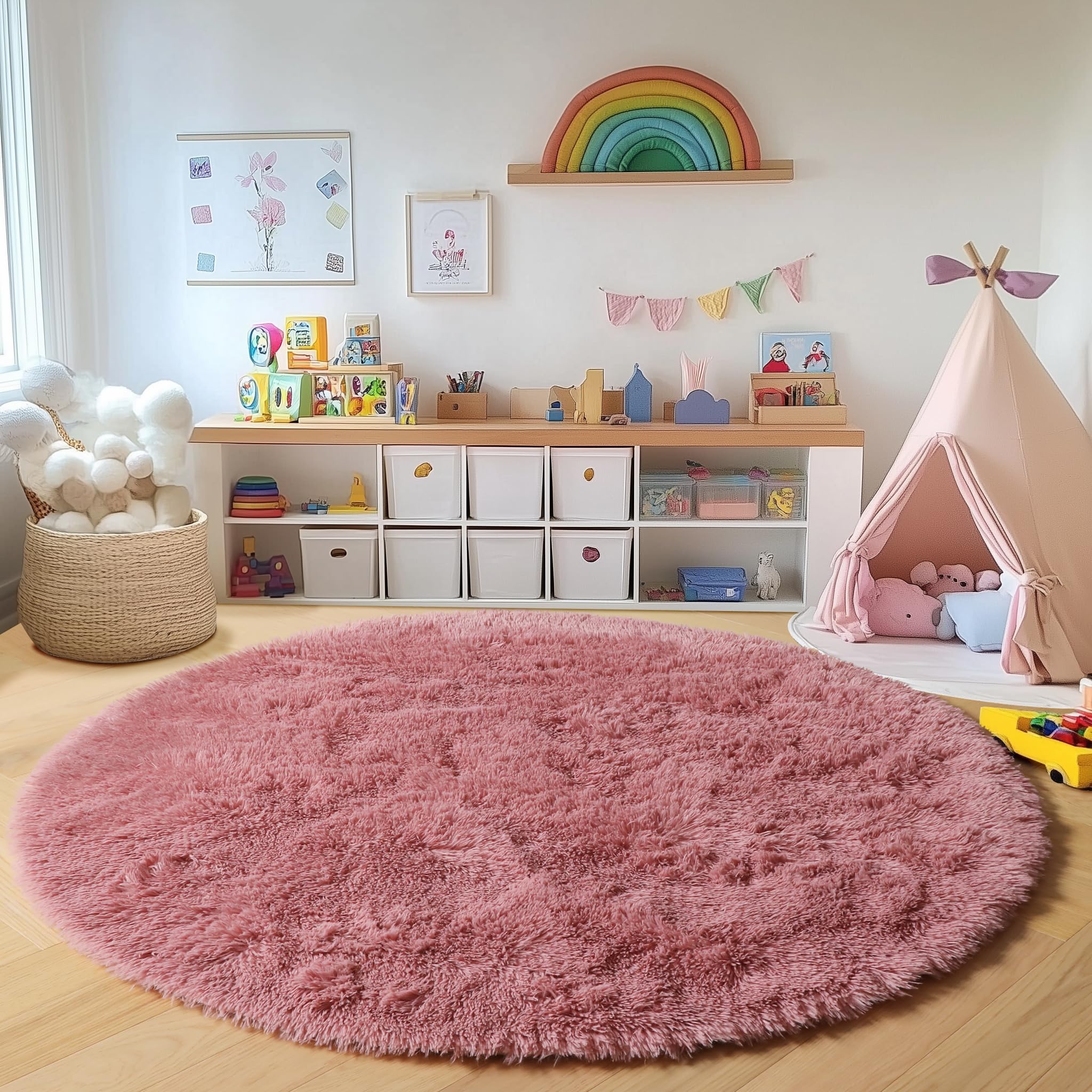 ONASAR Tie-Dyed Dark Grey Round Area Rugs 5ft, Ultra Soft Bedroom Circle Rug for Kids Girls Teen Room, Fluffy Plush Shaggy Carpet Floor Mats for Baby Nursery Living Room Playroom Home Decor