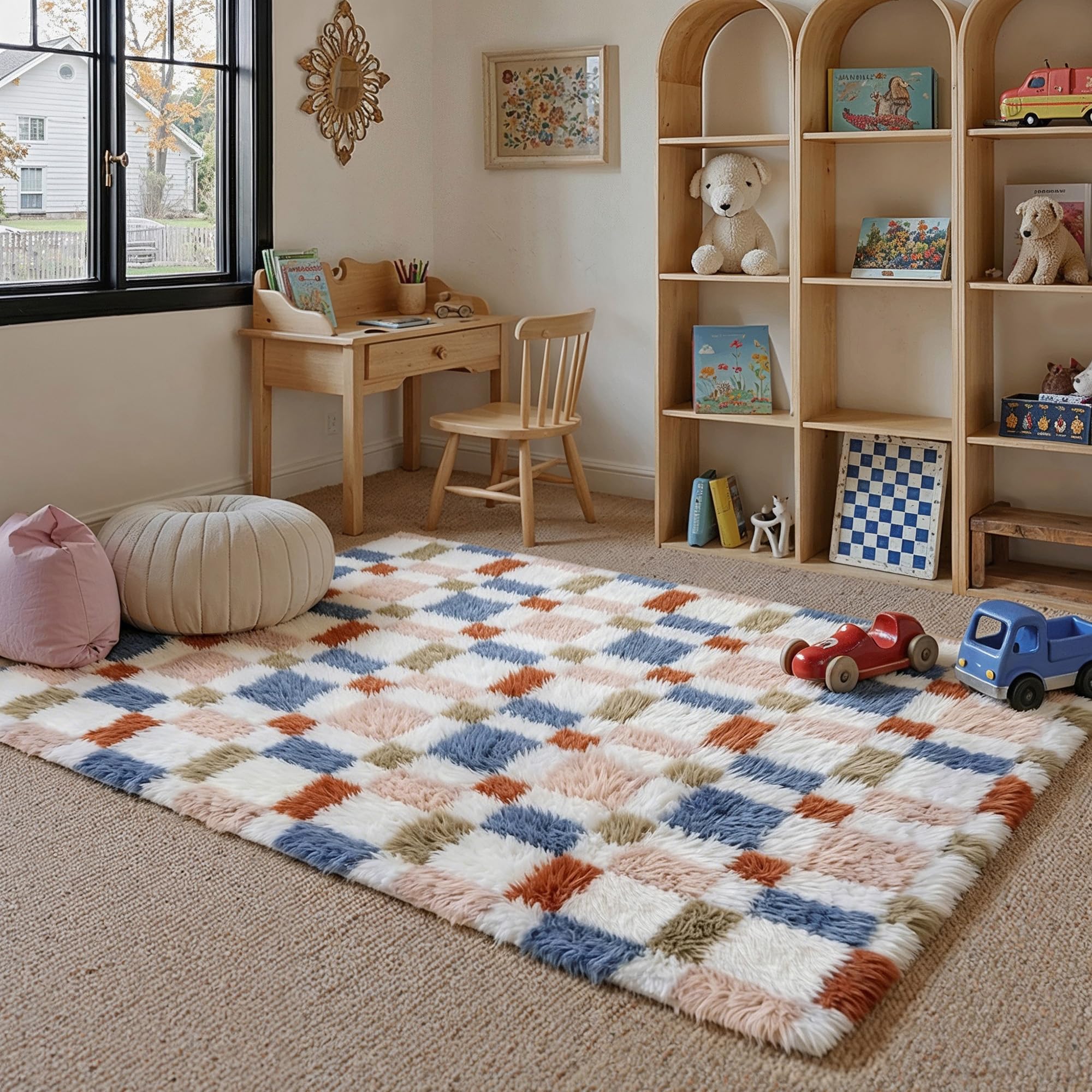 HUGEAR 8x10 Checkered Rug Coloful Living Room Modern Shag Rug Super Soft Washable Indoor Fuzzy Carpet Fluffy Vacuumable Rainbow Area Rugs for Bedroom Home Decor Non Slip