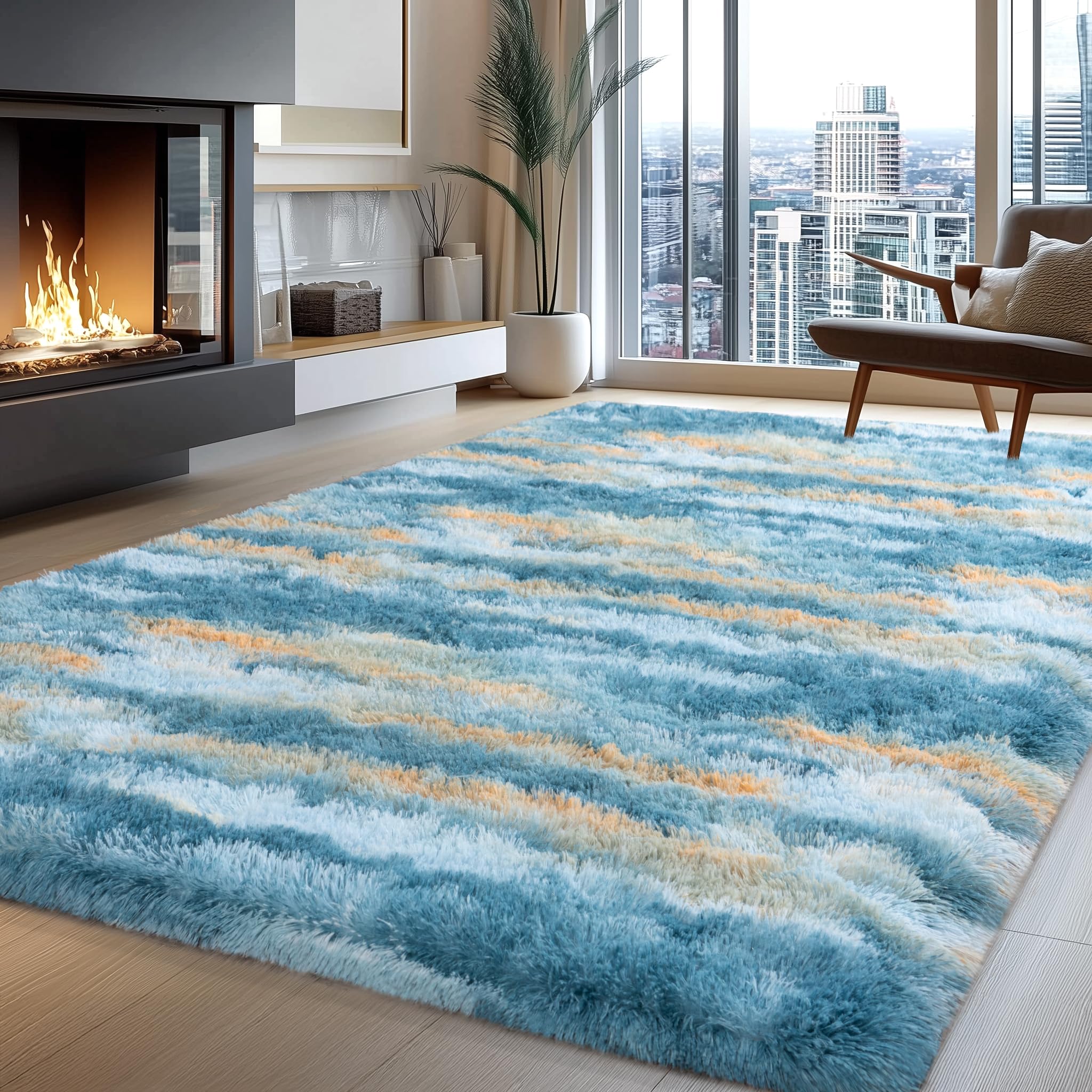 Fluffy Rugs for Living Room Bedroom, 5x7 Feet Abstract Blue Shag Area Rugs, Non-Slip Indoor Modern Fuzzy Plush Floor Carpet for Dorm Nursery Kids Room Decor, Soft Shaggy Throw Rug