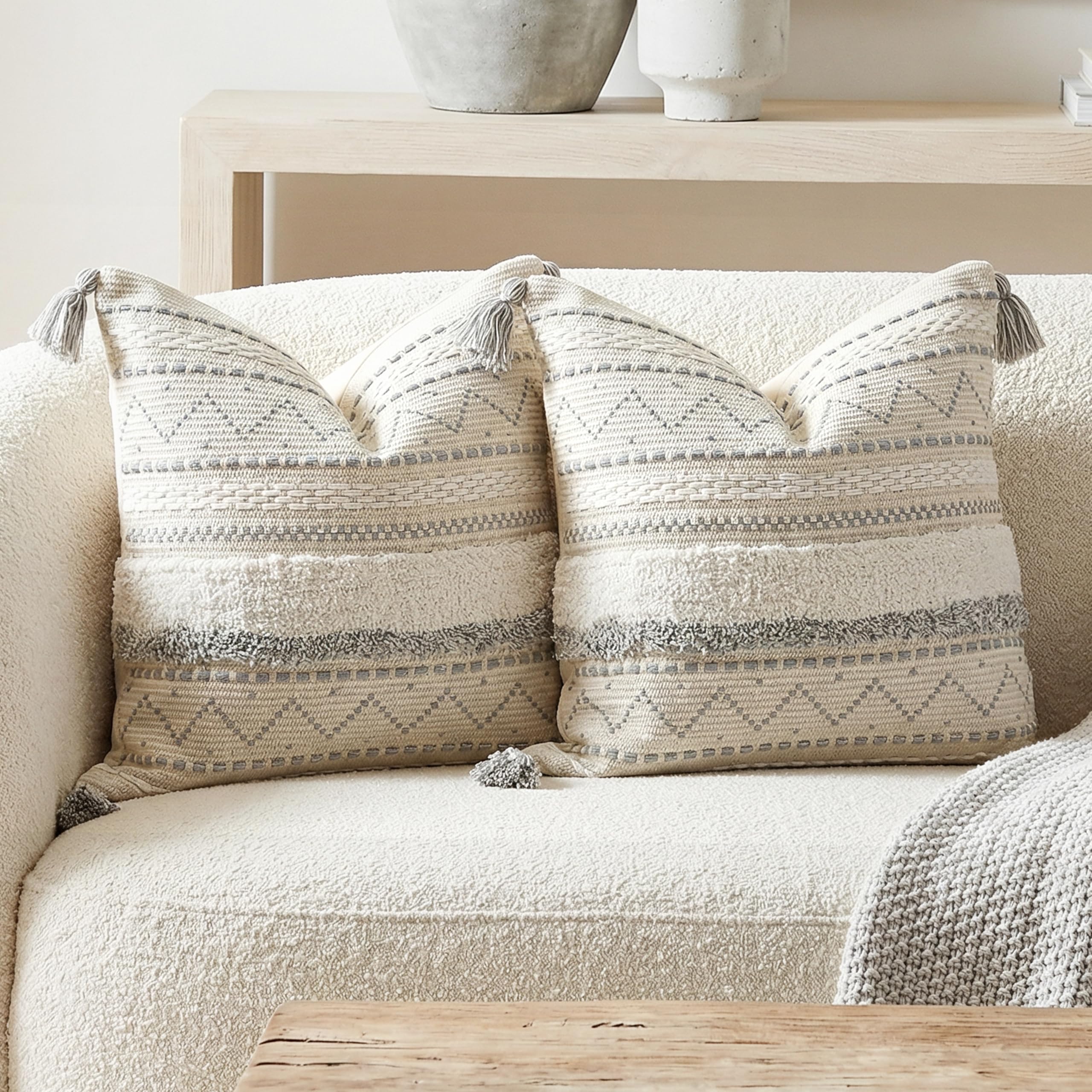 BlissBlush Decorative Throw Pillow Covers 20x20 Combo Set of 2 Square Cream Neutral White Boho Accent Pillowcase Tassels Farmhouse Cushion for Couch Sofa Bedroom Living Room Home Décor Cover ONLY