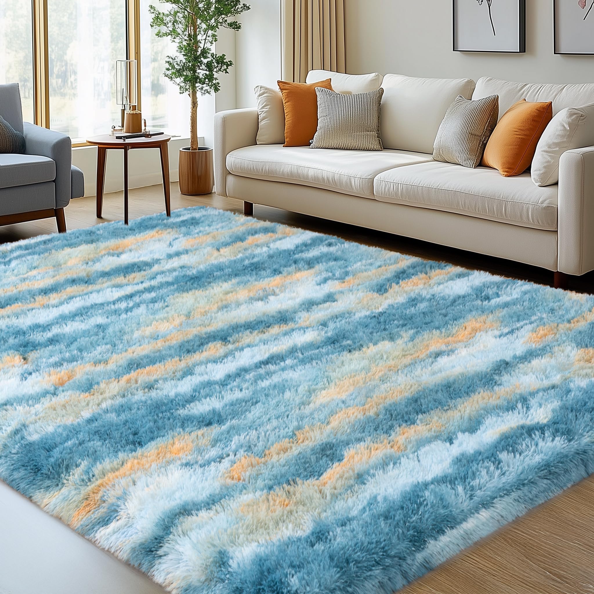 Fluffy Rugs for Living Room Bedroom, 5x7 Feet Abstract Blue Shag Area Rugs, Non-Slip Indoor Modern Fuzzy Plush Floor Carpet for Dorm Nursery Kids Room Decor, Soft Shaggy Throw Rug