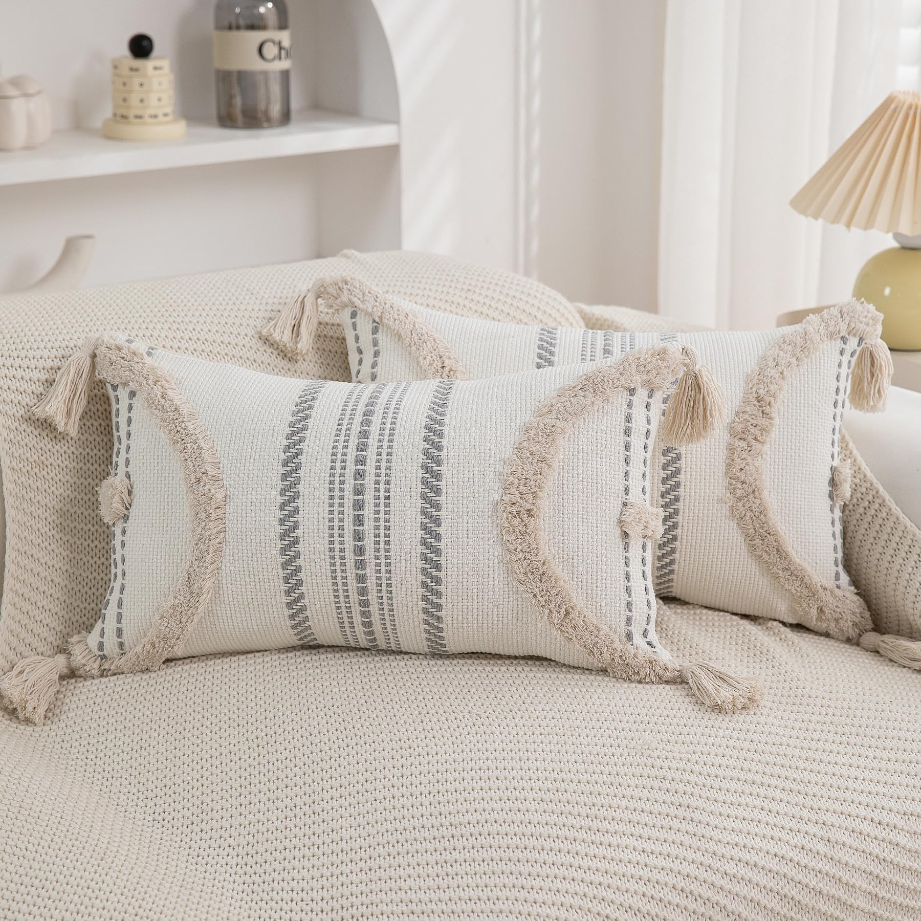 Boho Throw Pillow Covers 18x18 Set of 2 Cotton Woven Tufted Farmhouse Pillows Covers with Tassels Outdoor Neutral Navy Decorative Pillowcases Square Textured Accent Cushion Cases for Couch Bed Sofa