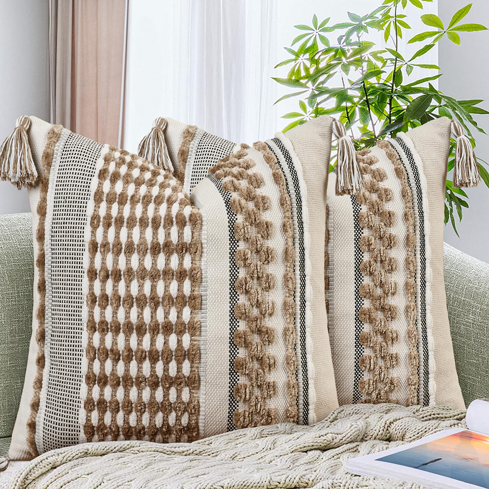 AmHoo Set of 2 Chenille Striped Tufted Textured Boho Throw Pillow Covers Aesthetic with Tassels Woven Decorative Pillow Case for Couch Bed Sofa Bedroom Modern Funky 18 x 18-Inch Brown White