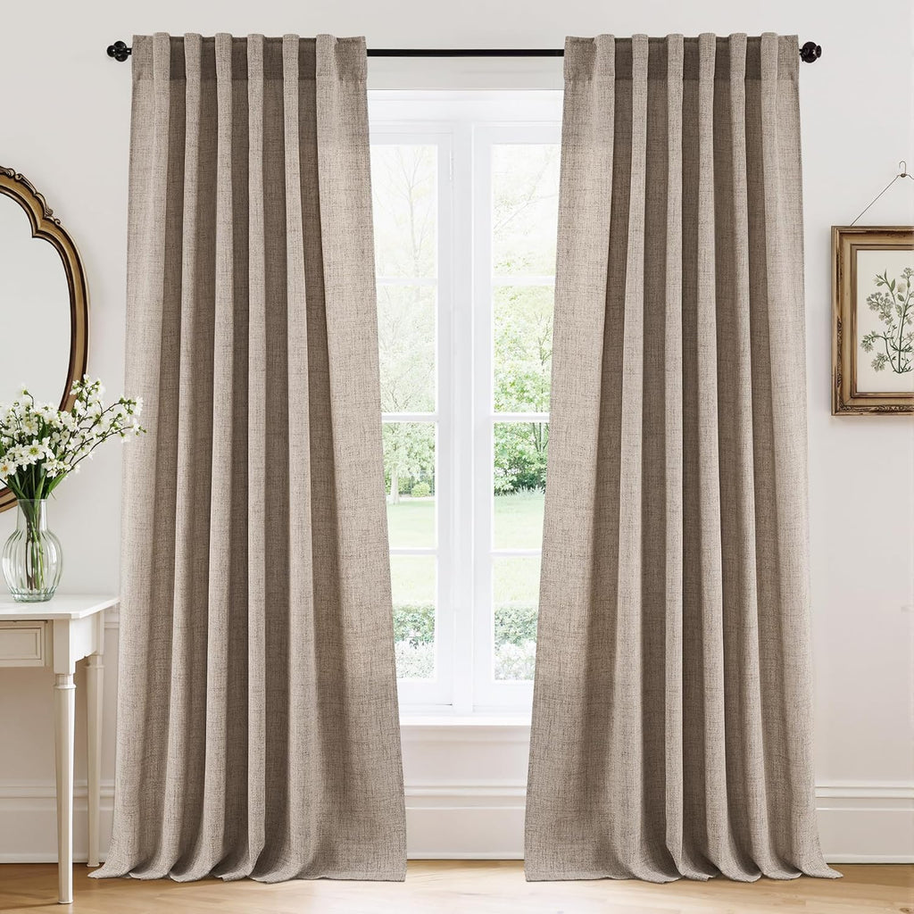 RYB HOME Linen Sheer Curtains and Drapes for Living Room 108 inches Length, Breathable Back Tab/Rod Pocket Semi Sheer Curtains, Oatmeal, W 52 x L 108 inches, 2 Panels Set
