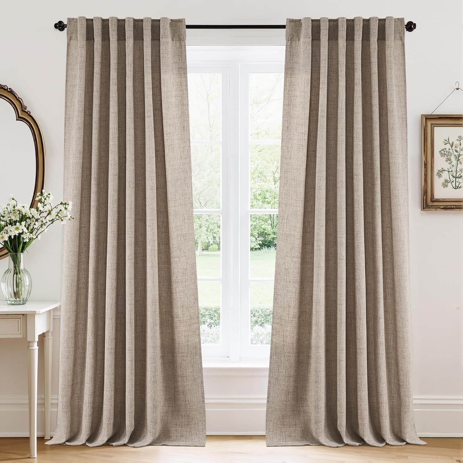RYB HOME Linen Sheer Curtains and Drapes for Living Room 108 inches Length, Breathable Back Tab/Rod Pocket Semi Sheer Curtains, Oatmeal, W 52 x L 108 inches, 2 Panels Set