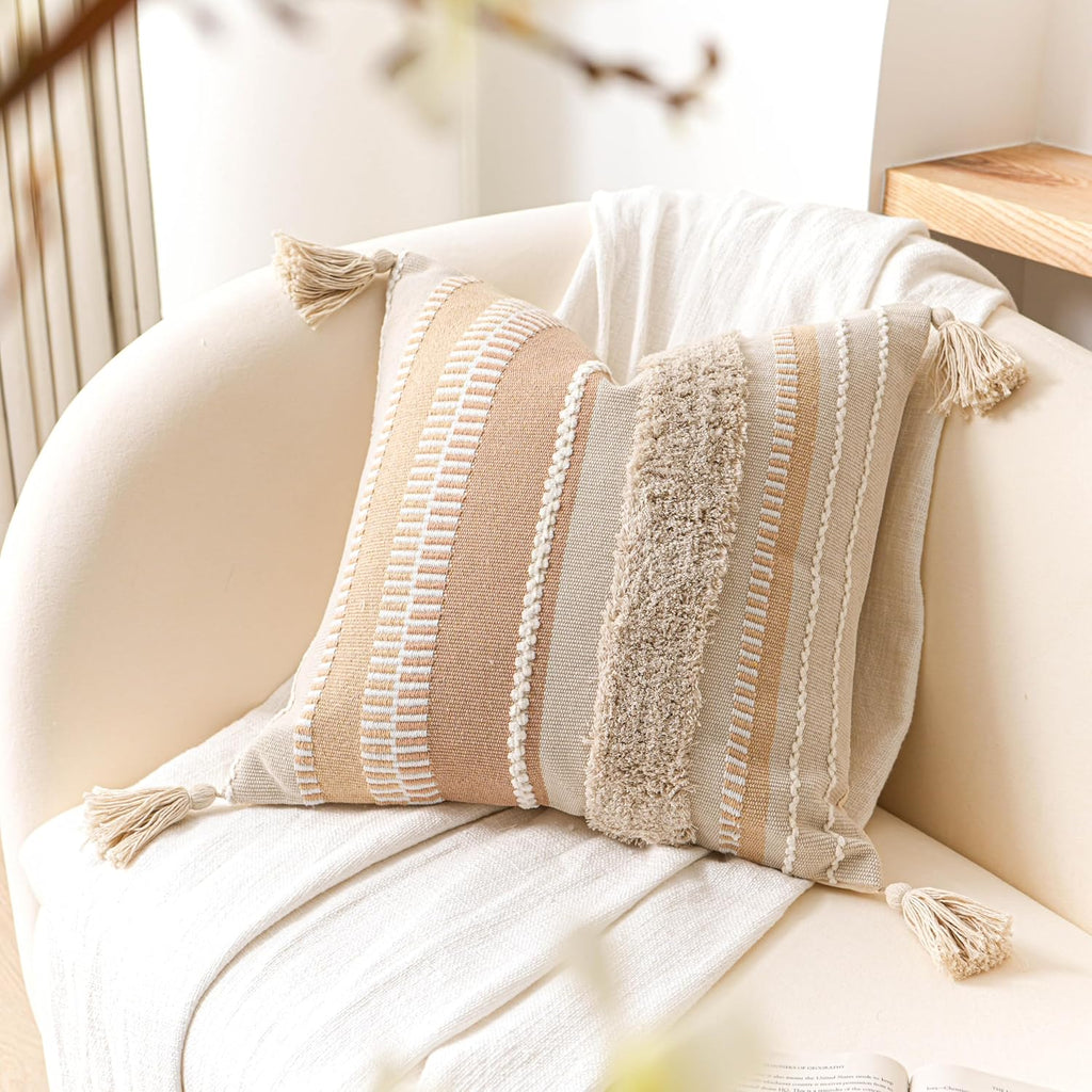 BlissBlush Decorative Throw Pillow Cover 20x20 Combo Set of 2 Square Neutral Beige Boho Accent Pillowcase Tassels Farmhouse Cushion for Couch Sofa Bedroom Living Room Home Décor Cover ONLY