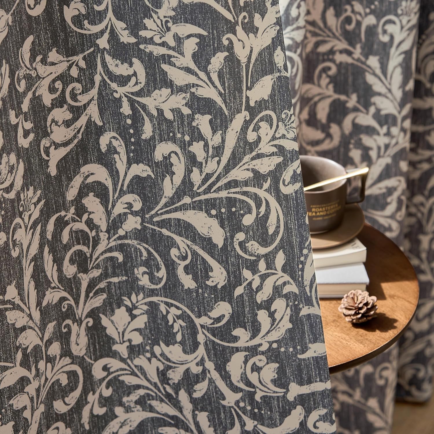 jinchan Vintage Curtains 84 Inch Long Cream Scroll Floral Dusty Blue Curtians for Living Room Bedroom Room Darkenign Drapes Thermal Insulated Classic Traditional Privacy Grommet Top 2 Panels