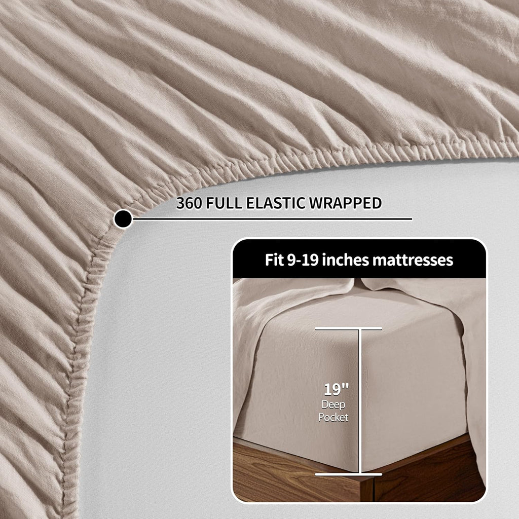 LBRO2M 100% Linen Sheet Set Deep Pocket Fit Up to 19" Bed Sheets Sets, Natural Flax Beddings Soft, Breathable, Comfortable for All Year Round 4 Pcs Sheet Set (Queen, Linen)
