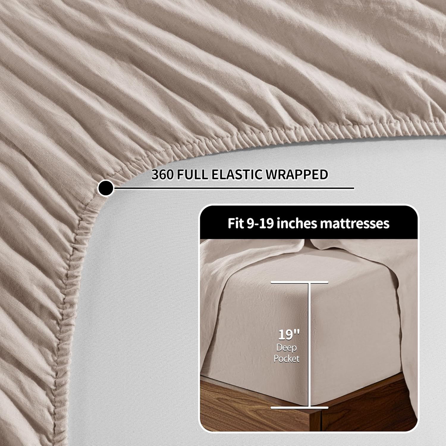 LBRO2M 100% Linen Sheet Set Deep Pocket Fit Up to 19" Bed Sheets Sets, Natural Flax Beddings Soft, Breathable, Comfortable for All Year Round 4 Pcs Sheet Set (Queen, Linen)