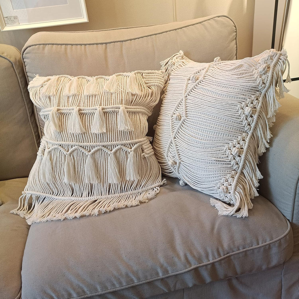 kiido Throw Pillow Covers Macrame Cushion Case Woven Boho Comfy Square Pillow Cases with Tassels Set of 2 Decorative Pillowcase (17X17) AB Style