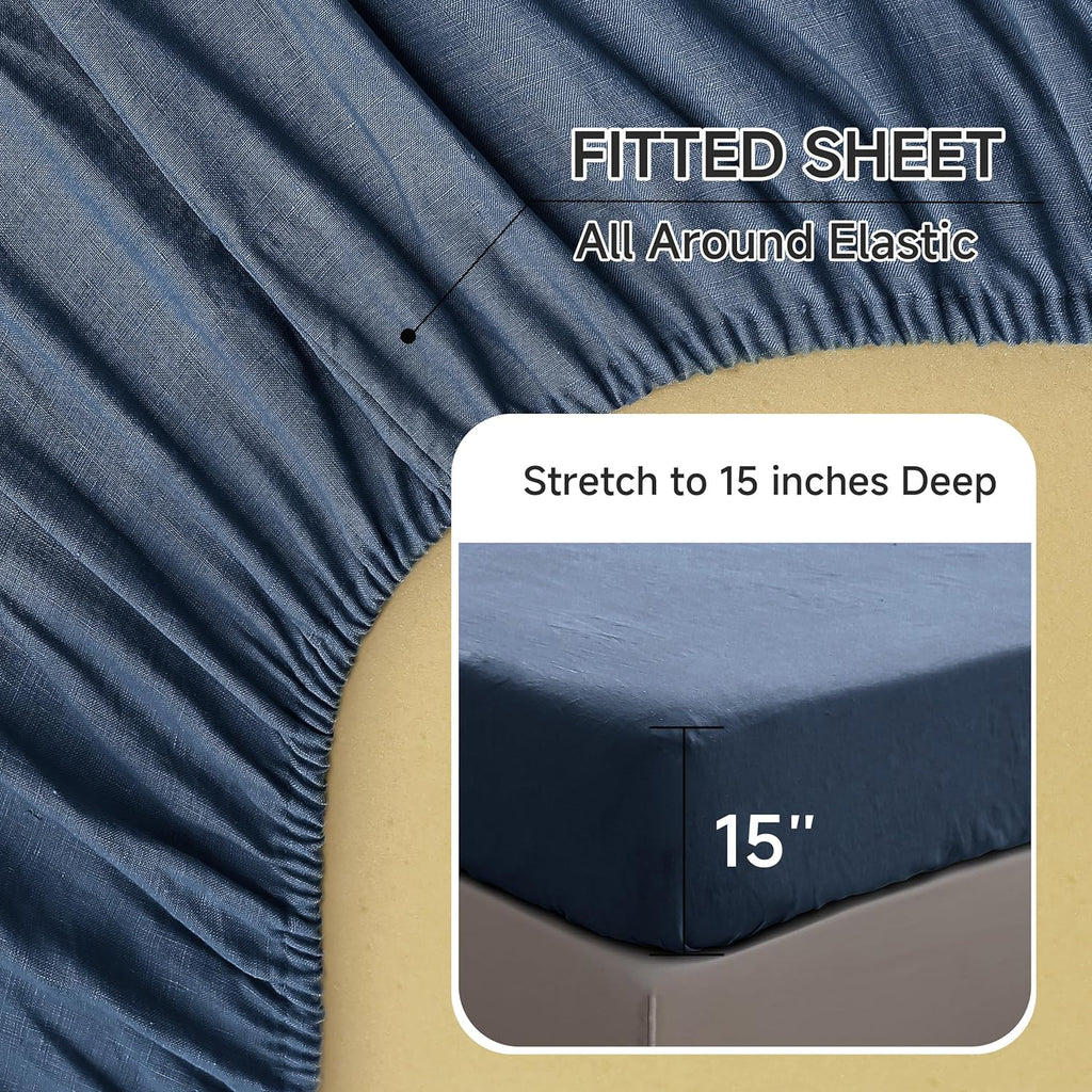 Simple&Opulence 100% Linen Sheets Queen Size Set, 4 Pcs Natural French Linen Bed Sheets, Breathable Soft Durable Bedding Set for All Season (Classic Blue, Queen)