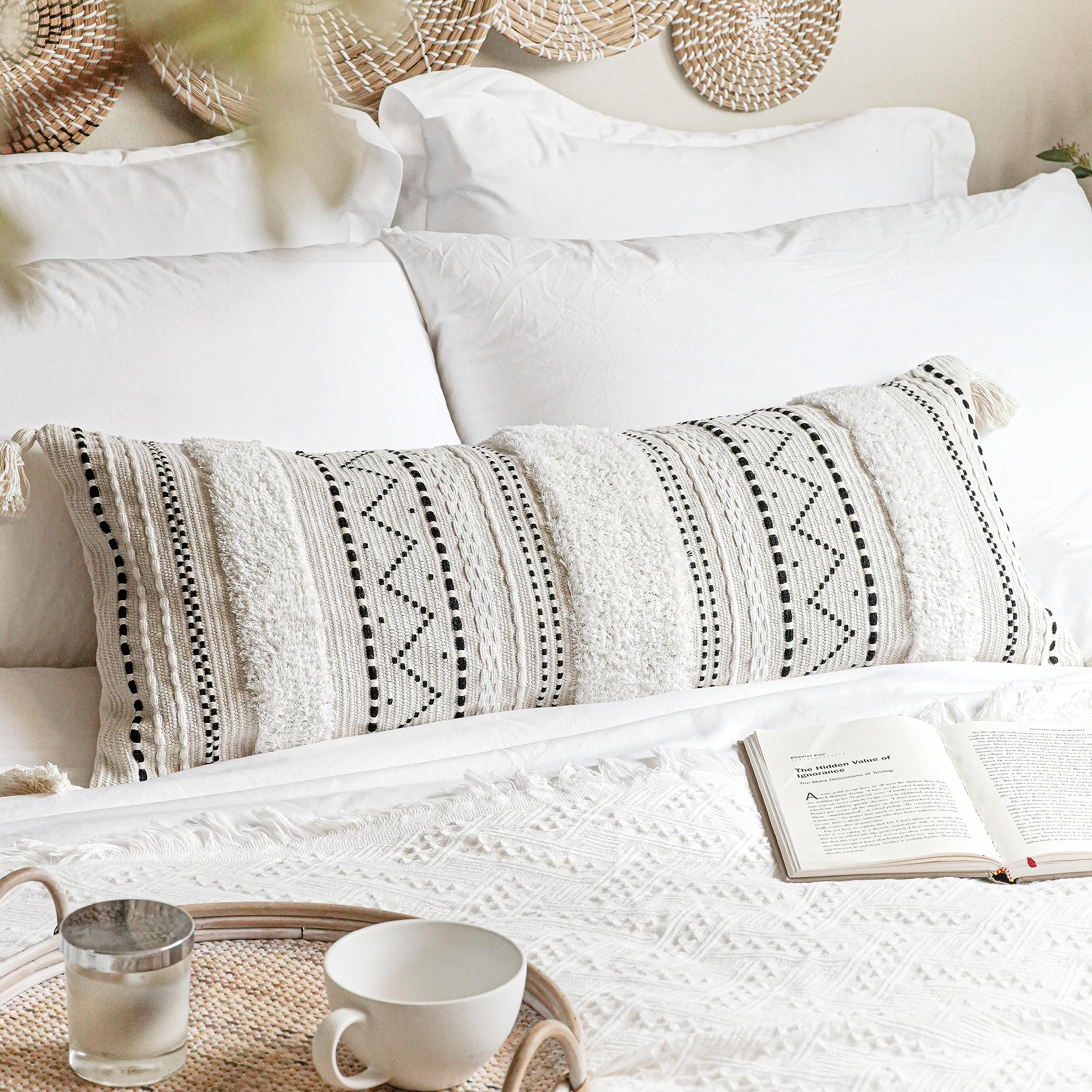 BlissBlush Decorative Throw Pillow Covers 20x20 Combo Set of 2 Square Cream Neutral White Boho Accent Pillowcase Tassels Farmhouse Cushion for Couch Sofa Bedroom Living Room Home Décor Cover ONLY