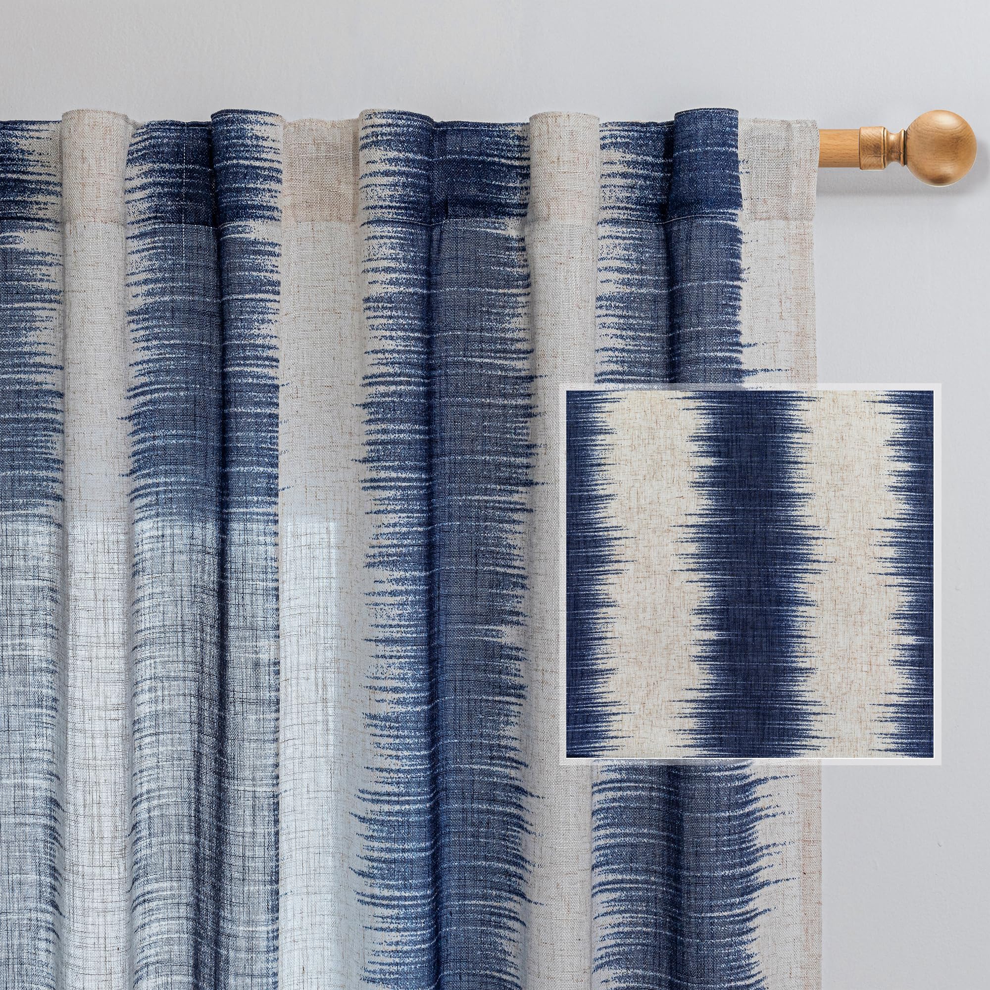 MYSKY HOME Ceiling Curtains for Living Room, Farmhouse Style Lines Printed Curtains 95 Inches Long Semi Sheer Drapes for Living Room, Modern Style Room Divider Curtains, 50"x95", Khaki, 2 PCs