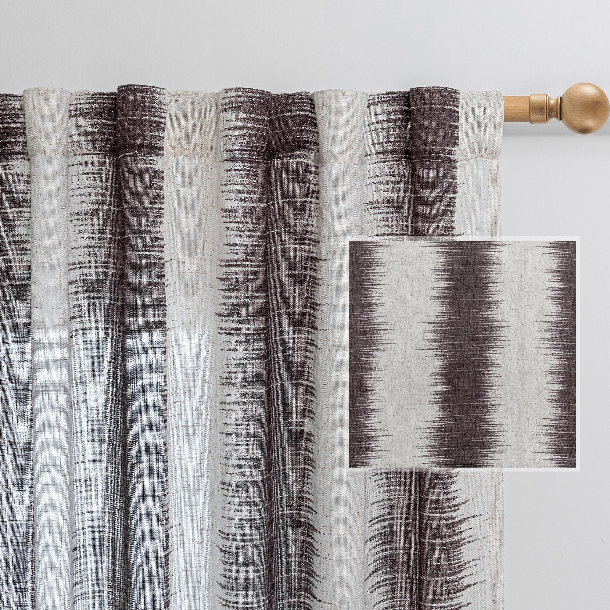 MYSKY HOME Ceiling Curtains for Living Room, Farmhouse Style Lines Printed Curtains 95 Inches Long Semi Sheer Drapes for Living Room, Modern Style Room Divider Curtains, 50"x95", Khaki, 2 PCs